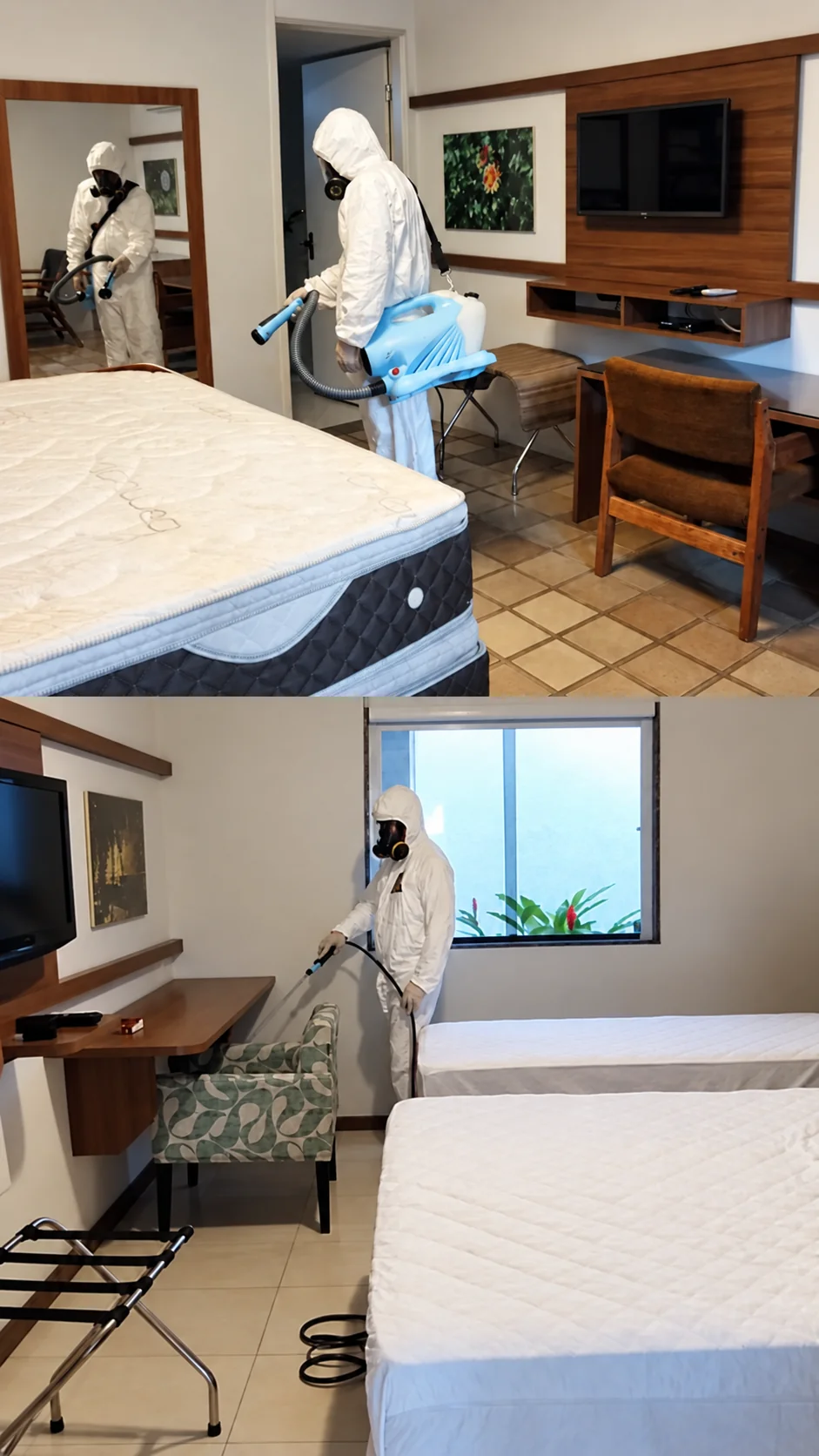 Profissionais da Bio Control durante atendimento em quartos de hotel